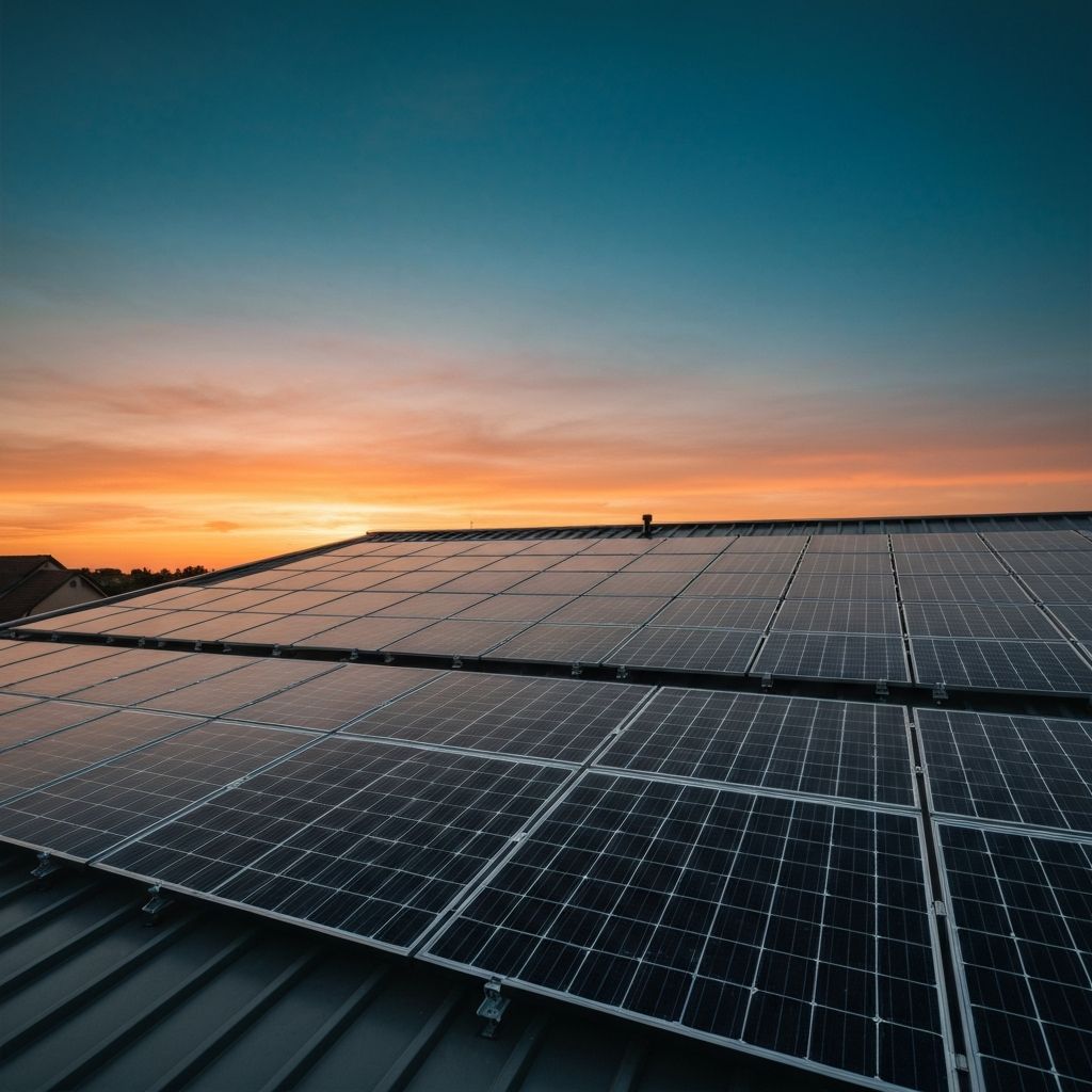 Solar panels at sunset